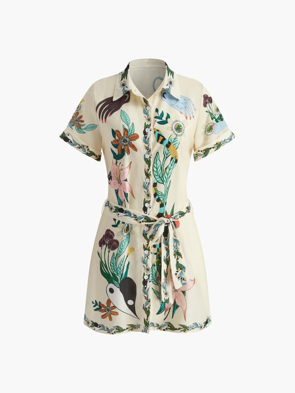 COMMENSE print collared belted short dress size M